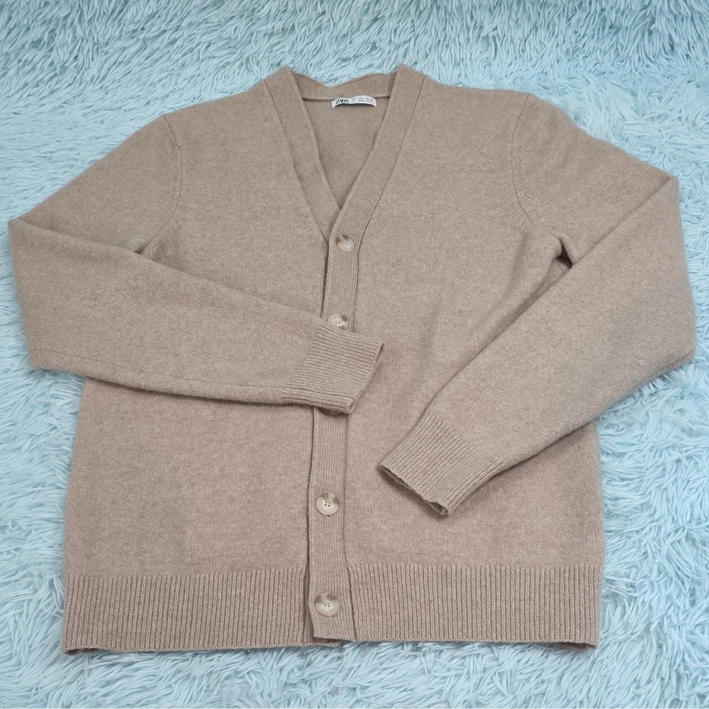 ZARA Oatmeal Beige Knit V-Neck Button-Front Cardigan Sweater Size Large